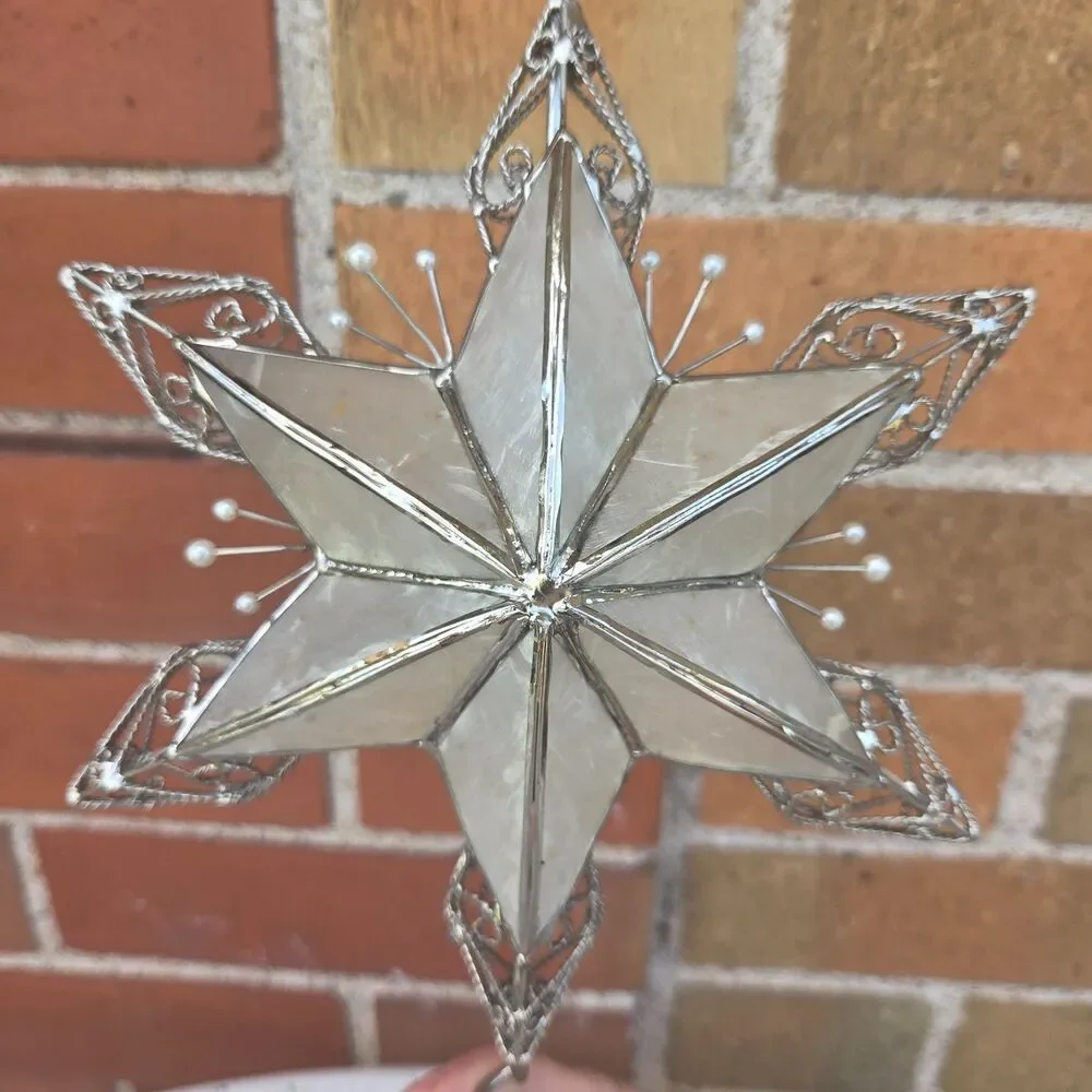 Vintage Capiz Shell Star Christmas Tree Topper Silver Filigree Pearl 11